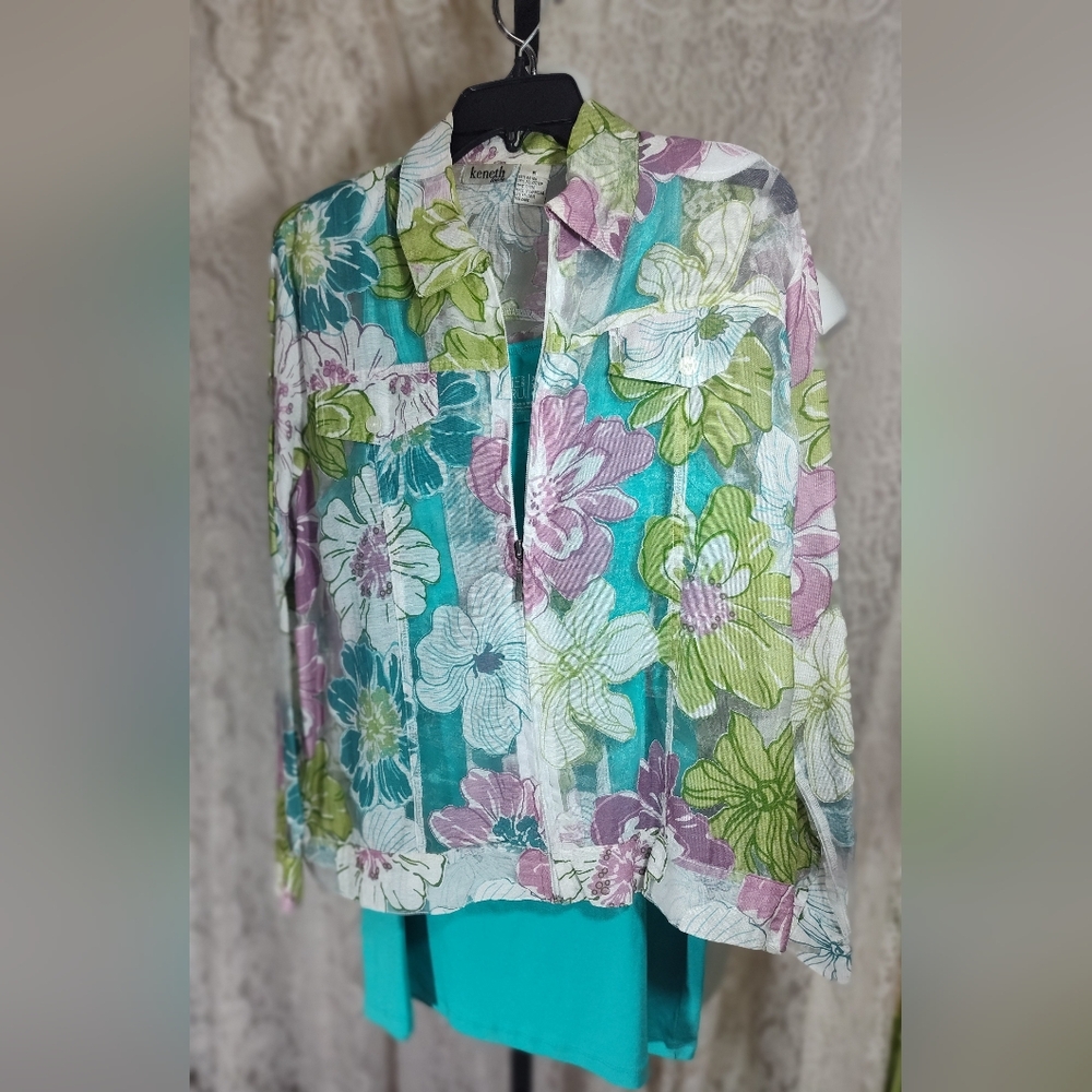 Kenneth Too  Pastel Zip Floral Blouse Green Purple NWOT
